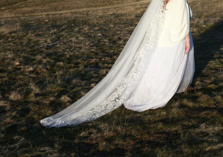 Cathedral length wedding veil with bespoke stitch appliqued embroidered horses