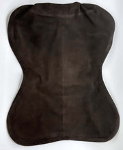 Top of the brown suede riding saddle seat cover on a white background. 