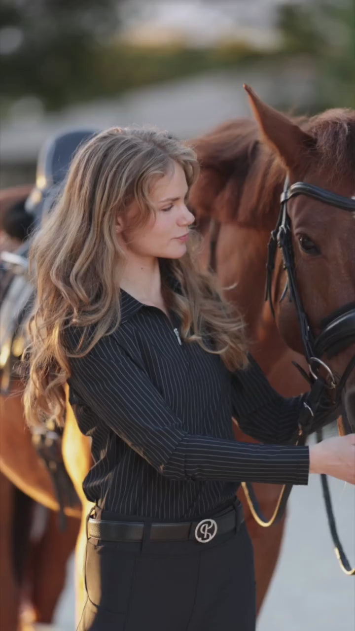 The Lani, B&W pinstripe collared 1/4 zip blouse-FINAL SALE