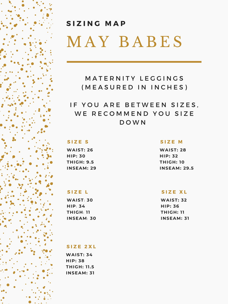 White Maternity leggings size guide with gold and black writing. 